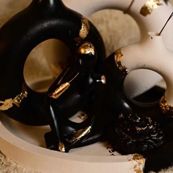 Elegant Modern Abstract Black and White Donut (Vase Set of 5) Embellished with Gold Leaf - Image 2