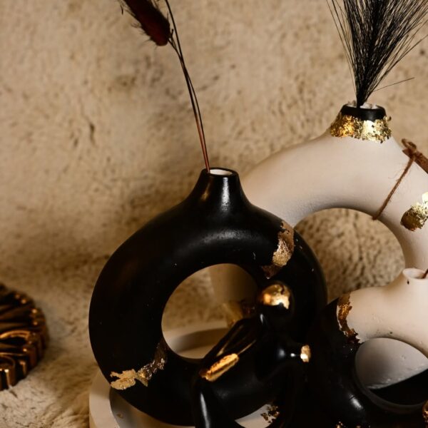 Elegant Modern Abstract Black and White Donut (Vase Set of 5) Embellished with Gold Leaf - Image 4